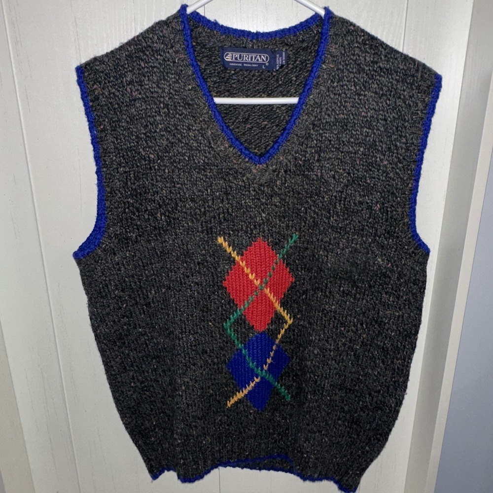 Puritan Mens Large Argyle Sweater Knit Vest Gray Blue Wool Blend V-Neck Vintage